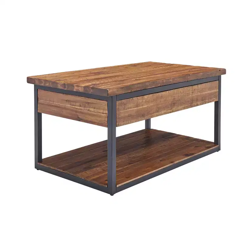Claremont Rustic Wood Coffee Table with Low Shelf Dark Brown - Alaterre Furniture: Acacia Top, Steel Hardware, Storage Shelf