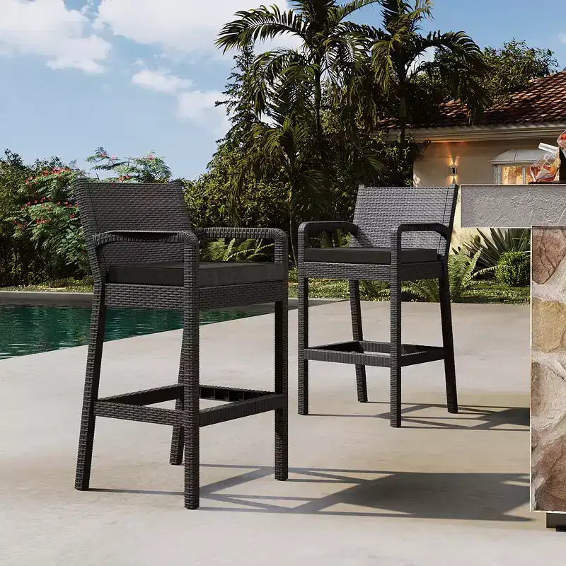 Set of 2 Black Wicker Outdoor Bar Stools with Arms & Cushions, Tall Weather-Resistant Patio Bar Height Chairs for Balcony, Garden, Pool Deck