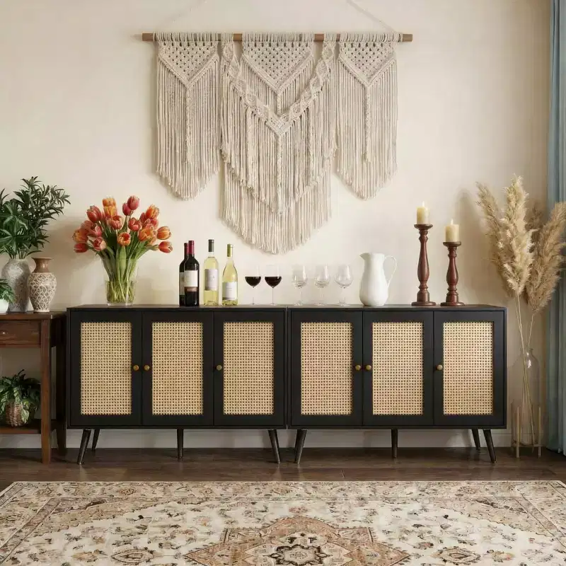 Set of 2 Modern Rattan Sideboard Buffet Cabinet  47.2 Farmhouse Credenza with Adjustable Shelves, Coffee Bar Storage Cabinet
