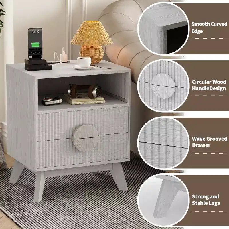 A 1/2-striped nightstand with a charging station, featuring 2 drawers, an open shelf, and legs, suitable for the bedroom, sofa area, and living room.