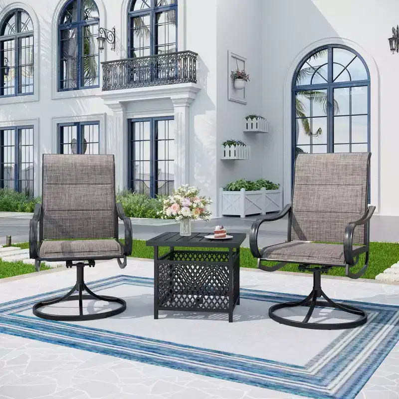 Captiva Designs 3pc Patio Square Bistro Table & Grayish Brown Textilene Sling Swivel Chairs