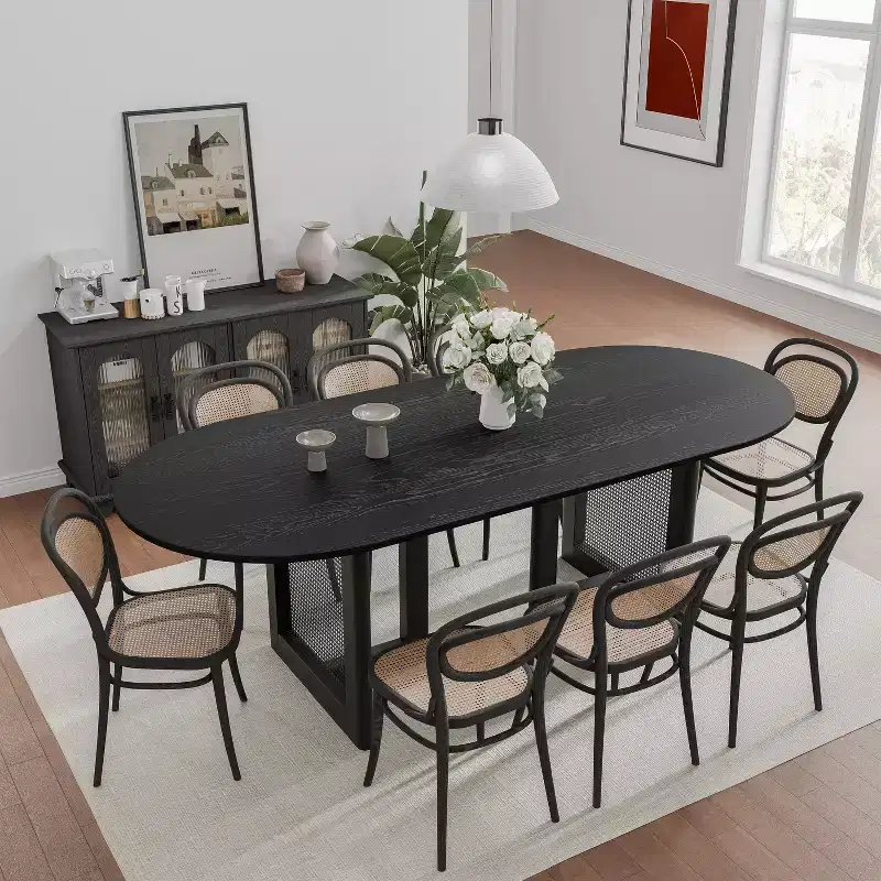 PexFix 79 x 33.5 Farmhouse Kitchen Dining Room Table Home Furniture Oval Black Kitchen Table with Rattan Woven Legs for Kitchen Bar Living Room