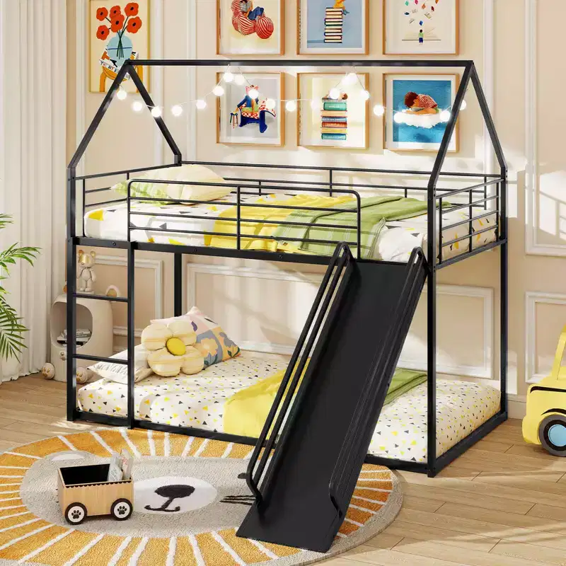 Costway Twin Over Twin Low Bunk Bed House-shaped Metal Bunk Bed Frame with Safety Guardrail