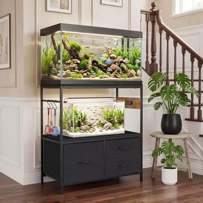 20-29 Gallon Fish Tank Stand, Metal Frame Aquarium Stand with Drawers, Double Turtle Tank Stand for Fish Tank, (Fish Tank Not Include)
