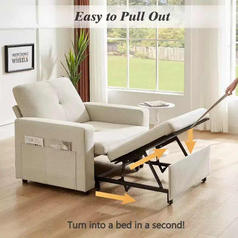 42.5 Inch 3-in-1 Sleeper Chair Bed, Convertible Sofa Chair with Pull Out Bed, Adjustable Backrest, Side Pockets