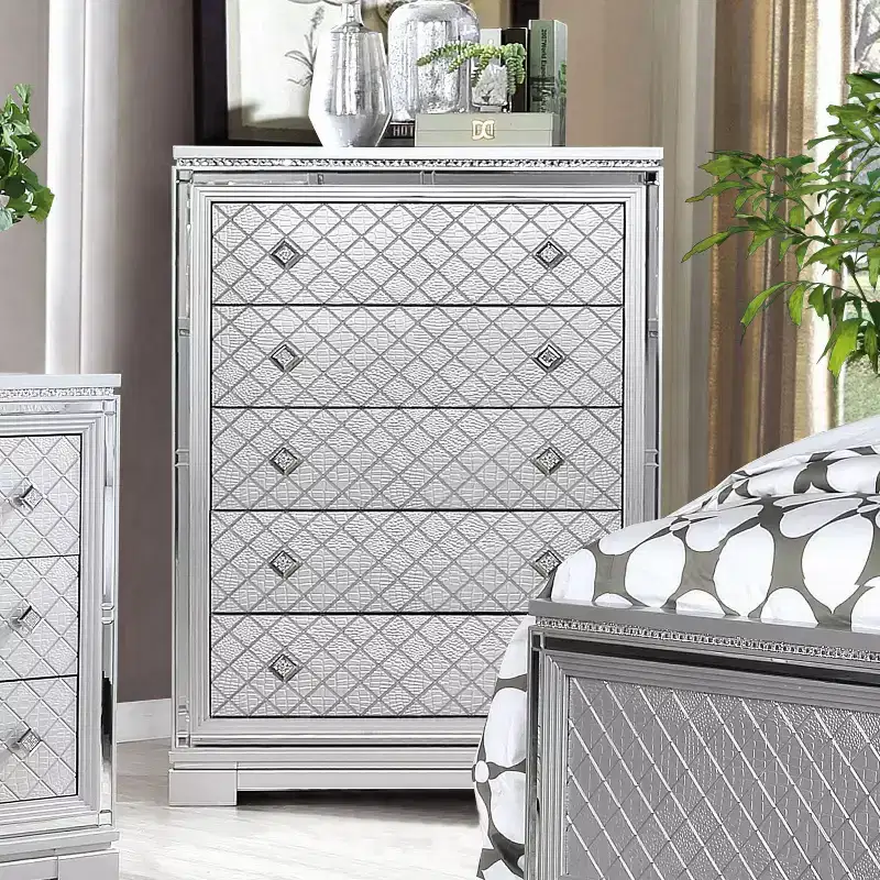 5-Drawer Chest, Glam Silver With Crocodile Embossing and Mirror Trim