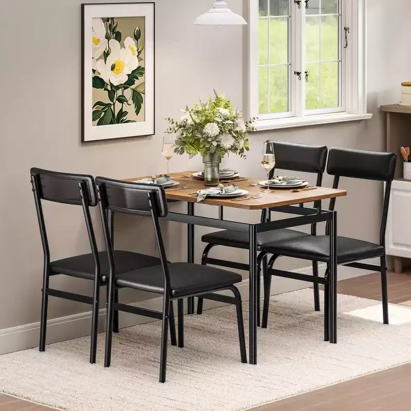5 Piece Dining Table Set, Wooden Kitchen Table Set with 4 PU Upholstered Chair, Industrial Metal Frame Dinette Set for Dining Room, Home Dinner, Party