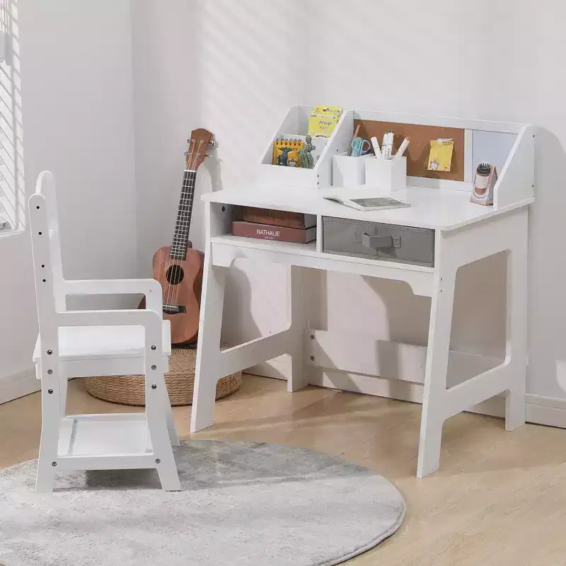 COZONY Kids Study Table Set with Adjustable Chair, Study Desk with Hutch, Bulletin Board, 2 Drawers, 2 Pen Holders