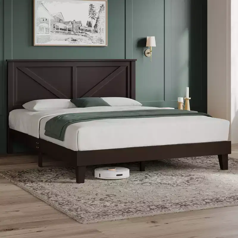 Farmhouse Wooden Bed Frame, Rustic Style Platform Base for Bedroom