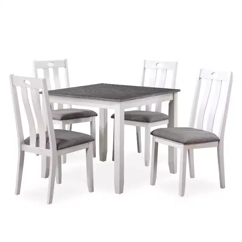 HOMES: Inside + Out 5pc Seawhisper Transitional Dining Table Set White/Gray: Solid Wood, Upholstered Chairs, Cottage Style
