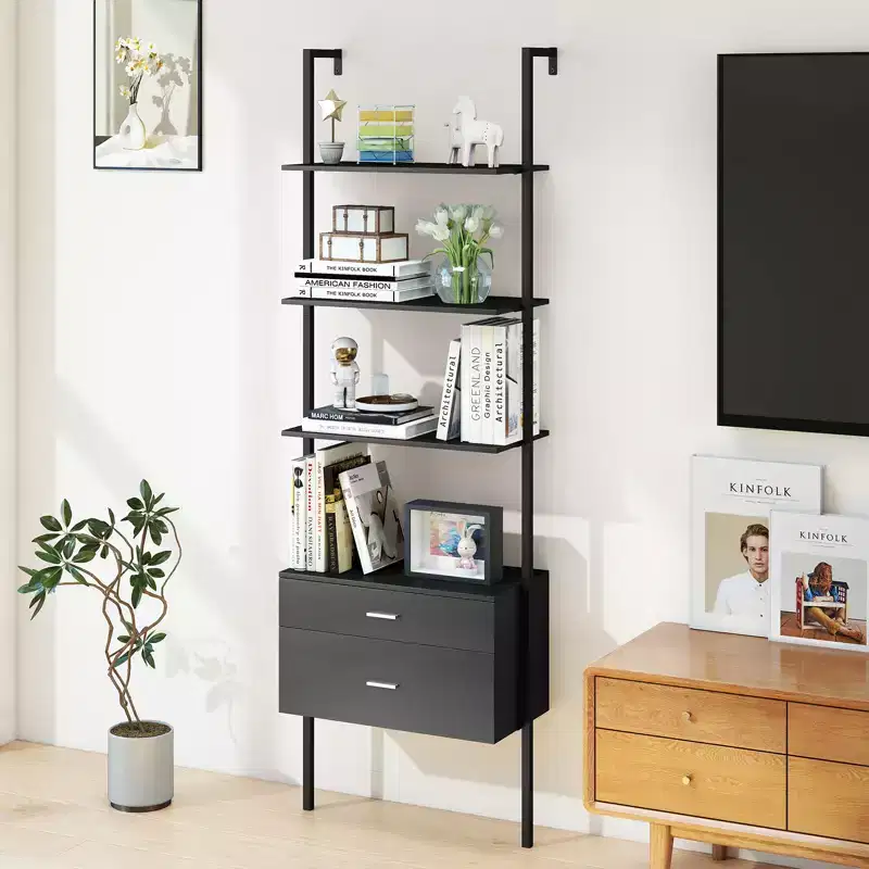 Costway Ladder Bookshelf w/ Storage Wall Mount Bookcase w/ 4 Open Shelves Black
