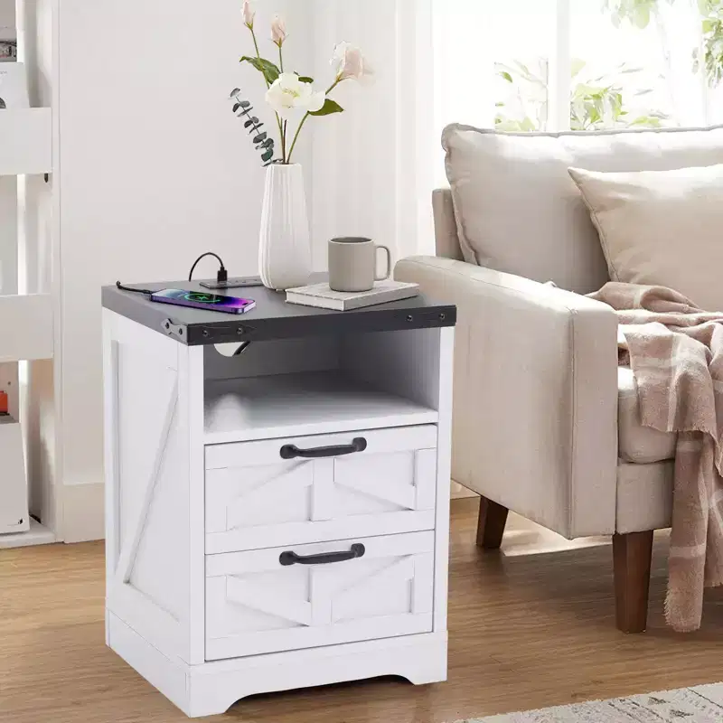 Modern Nightstand with 2 Drawers, 15.8W Wooden Sofa Side Table, Slim End Table with Charging Station, Bedside Table for Living Room Bedroom