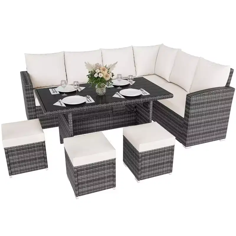 7 Pieces Outdoor Dining Set,Patio Sectional Sofa Conversation Set All Weather Wicker Rattan Couch Dining Table & Chair