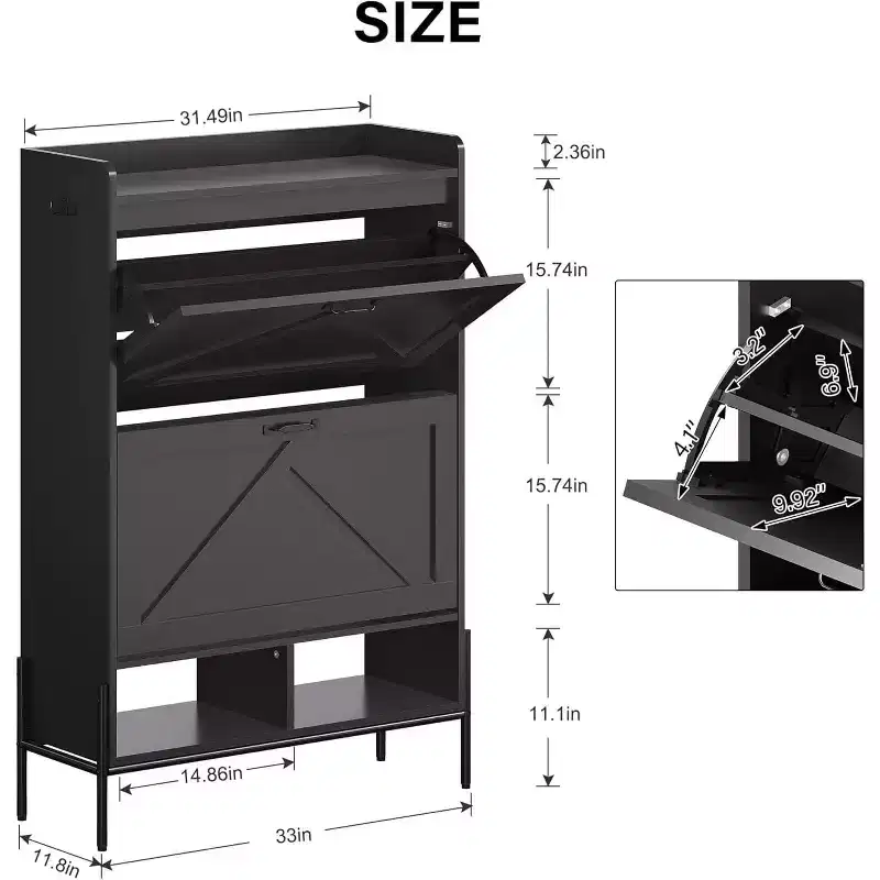 Whizmax 2-Drawer Shoe Cabinet, Freestanding Entryway Organizer with Flip-Up Doors, Metal Legs, Narrow Shoe Rack for Dry/Wet Separation Storage