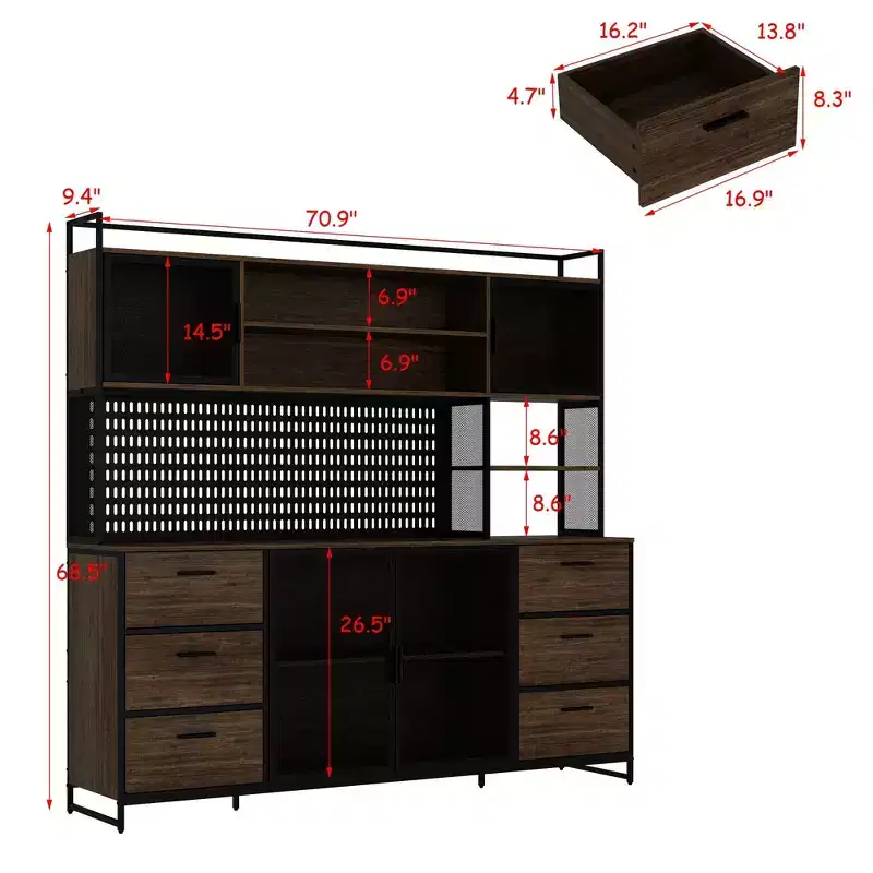 Famapy Brown Woodgrain Multifunctional Kitchen Cabinet Kitchen Sideboard with Hanging Shelf Display Shelf