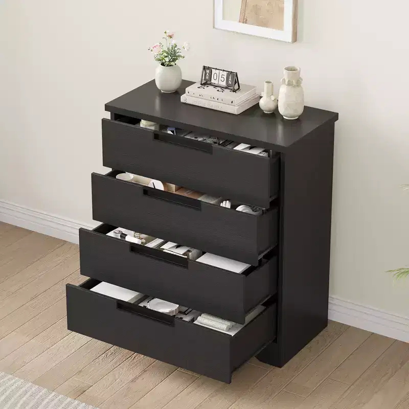 4-Drawer Dresser & Nightstand with Embedded Handles, Black Wooden Chest Organizer for Bedroom, Living Room, Nursery & Entryway