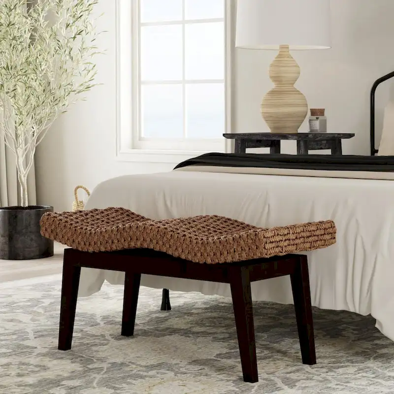 Handwoven Natural Wicker And Teak Wood Bench by East at Main