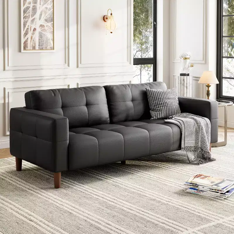 83-Inch Faux Leather 3-Seater Sofa with Back Cushion – Mid-Century Modern