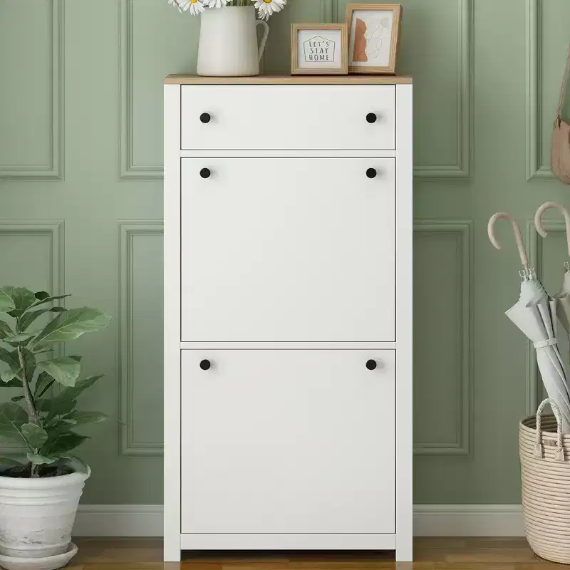 Functional Wood Grain Shoe Cabinet with 2 Flip Top Drawers and Adjustable Panels