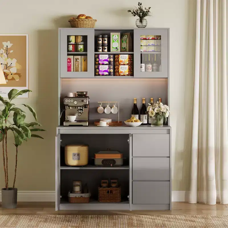 71 in Tall Kitchen Pantry Cabinet with Doors&Shelves Adjustable, Kitchen Storage Hutch with Microwave Shelf, Led Lights&Charging Station