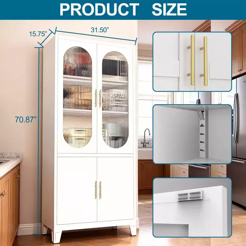 70 Inch Freestanding Bathroom Cabinet, Tall Pantry Cabinet with Frosted Tempered Glass Doors, Adjustable Shelves, Toiletry Storage for Living Room