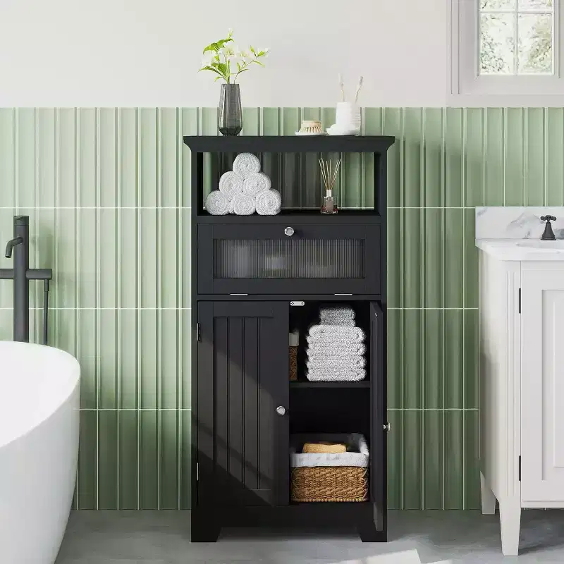 Freestanding Bathroom Cabinet with Flip Glass Drawer