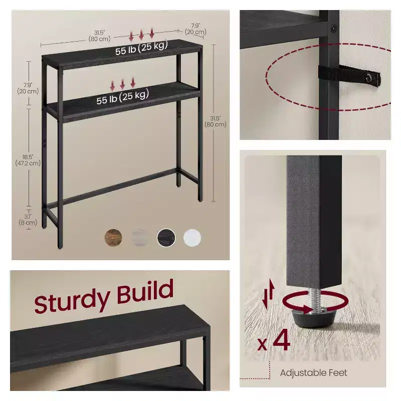 LEDREM Modern 2-Tier Console Table, Narrow Sofa Table with Dual Shelves, Entryway Table, Sturdy Steel Frame, Ink Black