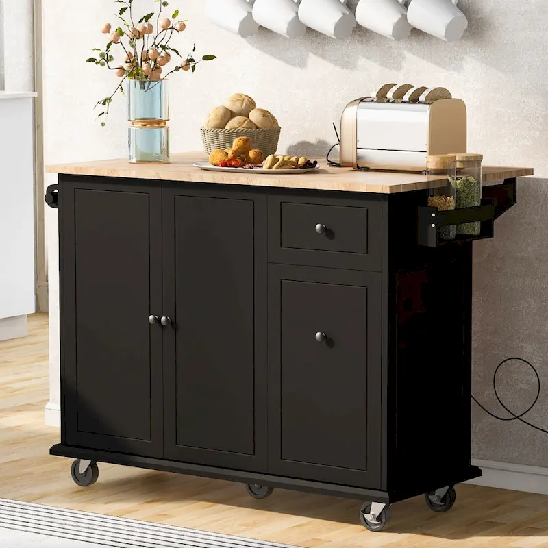 53.9 W Kitchen Cart, Kitchen Island W/3-layer Pull-out Cabinet, Internal Storage Rack, Spice Rack, Towel Rack Storage