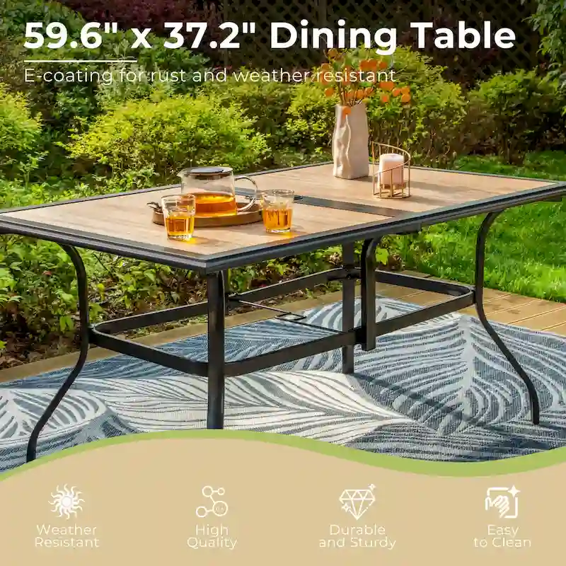 MAISON ARTS 7-piece Patio Dining Set, 1 Rectangle Wood-like Table with Umbrella Hole and 6 Metal Swivel Chairs
