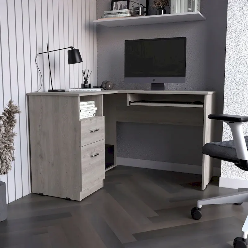 L-Shaped Desk Bradford, Keyboard Shelf, Smokey Oak Finish,High quality and durable