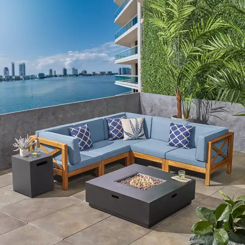 Christopher Knight Home Culatra Outdoor Acacia Wood 5 Seater Sectional Sofa Set with 50,000 BTU Iron Fire Pit