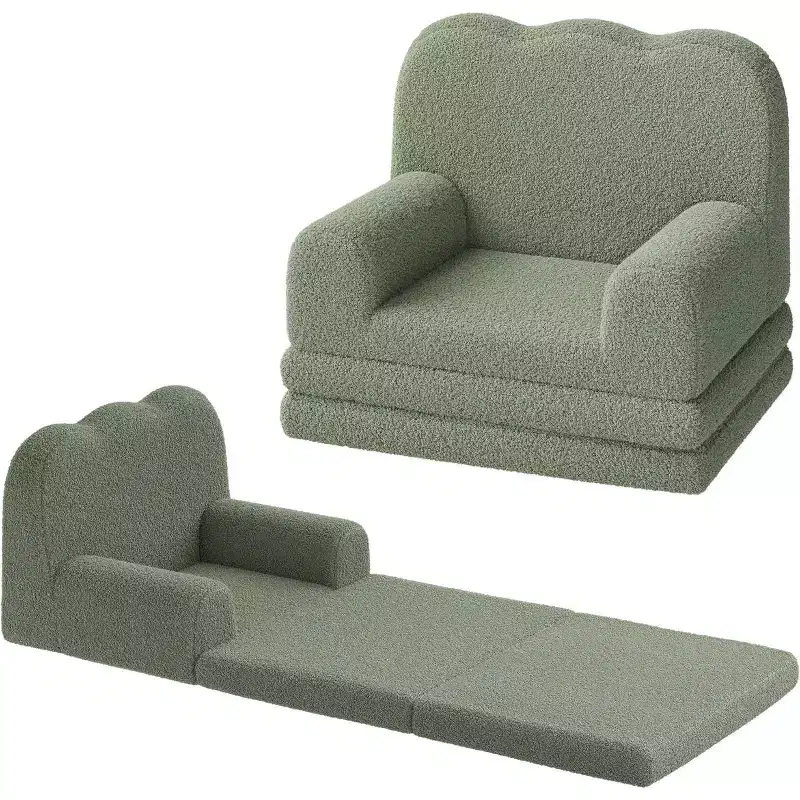 2-in-1 Kids Convertible Sofa Chair, Soft Teddy Fleece, Folds Out to lounger or Bed,Perfect for Playroom, Nursery, or as a Birthday Gift