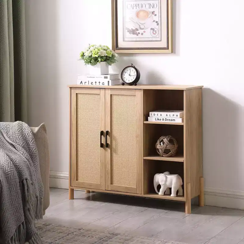 GDFStudio Riven Mid-Century Modern 35.4'' Storage Cabinet with Woven Rattan Doors, Open Shelves and Adjustable Shelves