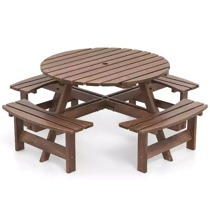 Costway 8-Person Round Picnic Table Set with 4 Built-in Benches 2 Umbrella Hole, Brown/Yellow