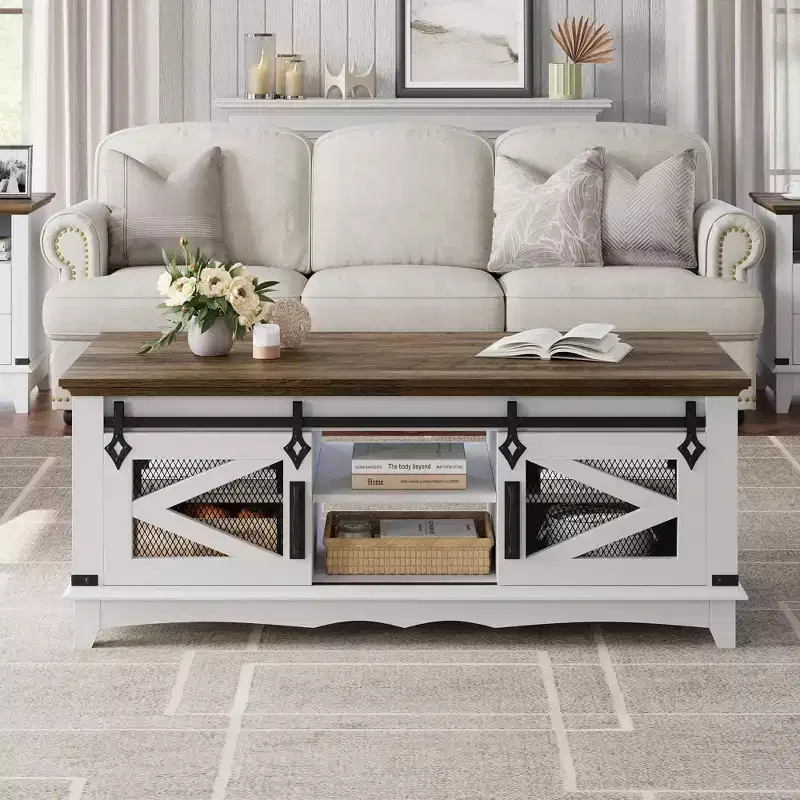 48 Farmhouse Coffee Table, Rectangular Center Table with Sliding Doors & Adjustable Shelves for Living Room, White/Walnut