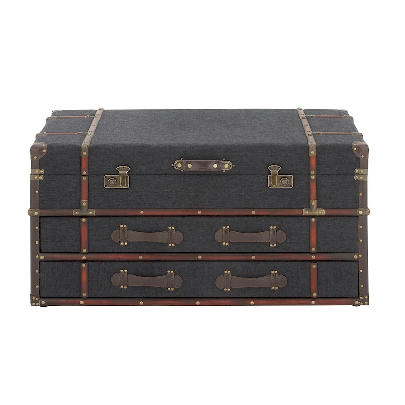 Trunk Coffee Table with 2 Drawers | Faux Leather or Linen | Buckle Hinged Top | Traditional Style | 40x20x21