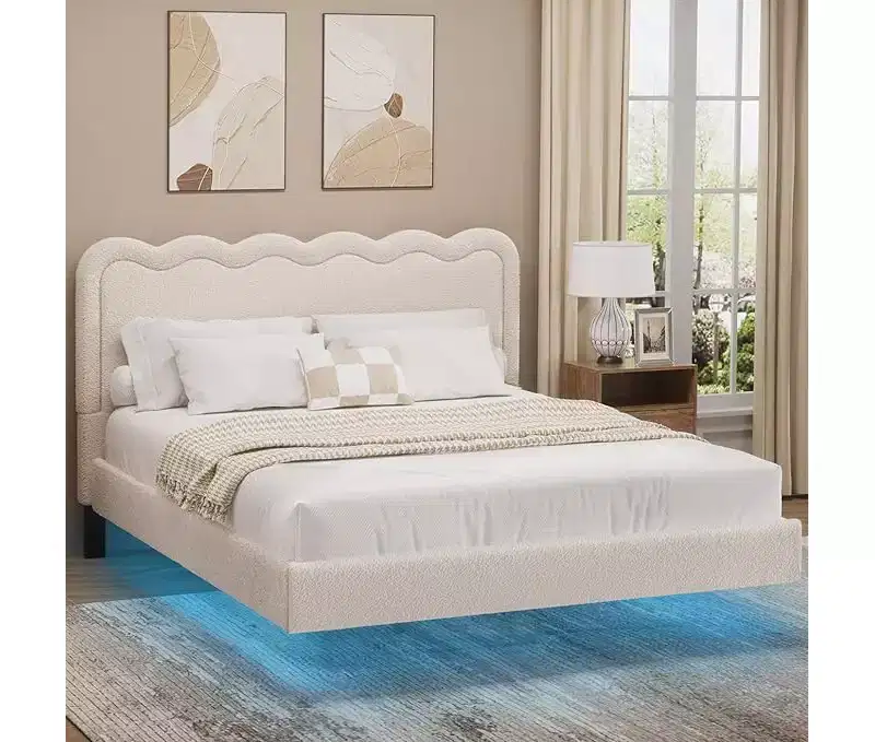 Queen Boucle Bed Frame with LED Lights, Waved Headboard & Sturdy Metal Frame, Beige