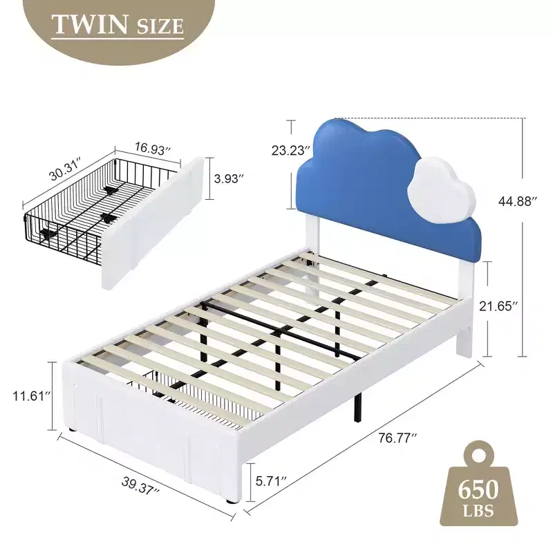 Upholstered Bed Frame for Kids, Twin Size Bed with Storage Drawer, Platform Bed with Cloud-Shaped Headboard, Blue