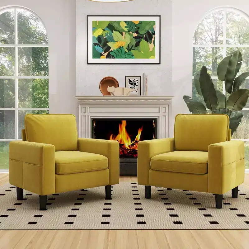 33 in. Modern Accent Chair with Arms and Cushions, Mustard