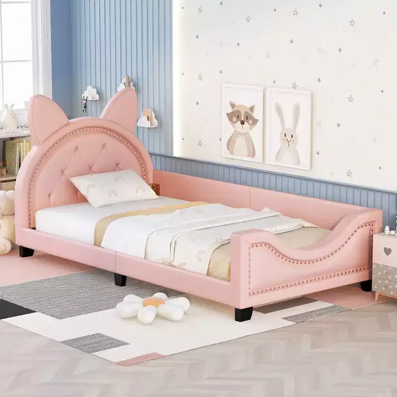 Twin Size Carton Daybed for Kids, PU Leather Daybed Frame with Ears Shaped Headboard and Rivet Decoration for Girls Boys, Pink