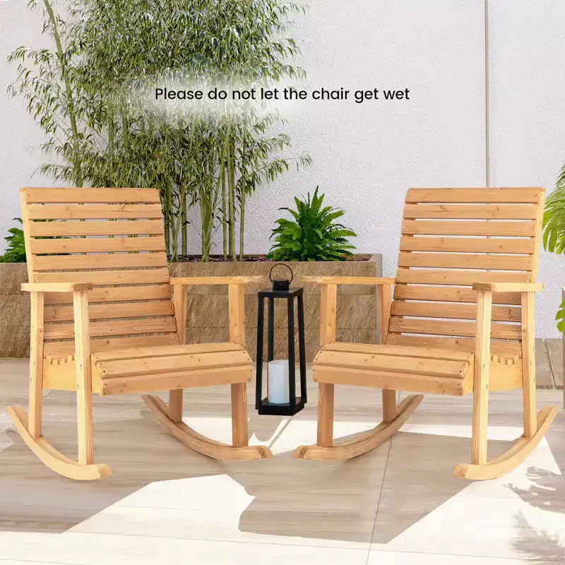 Costway Patio Wooden Rocking Chair High Back Fir Wood Armchair Natural Garden Yard