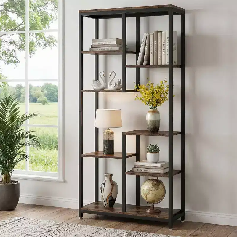 MAYEERTY 8-Tier Staggered Industrial Bookshelf, Vintage Wood Grain & Black Metal Frame Bookcase