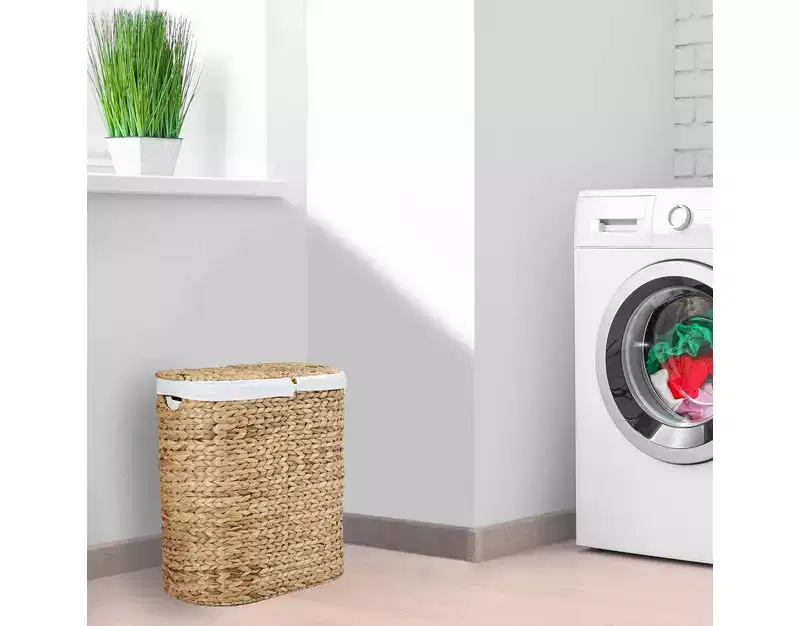 Seville Classics Hand Woven Water-Hyacinth Lidded Oval Double Laundry Hamper
