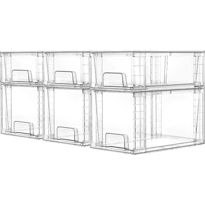 6 Pack Clear Stackable Storage Drawers, Plastic Drawers for Kitchen Pantry, Cabinet, Under Sink Organization