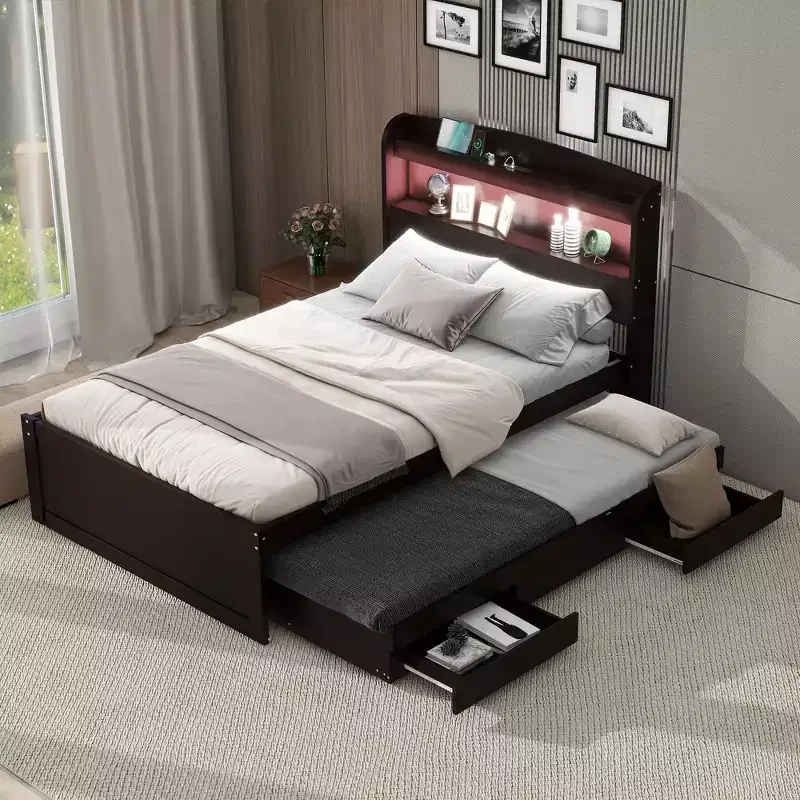 Whisen Twin XL Size Platform Bed with Storage LED Headboard, Charging Station, Twin Size Trundle and 2 Drawers