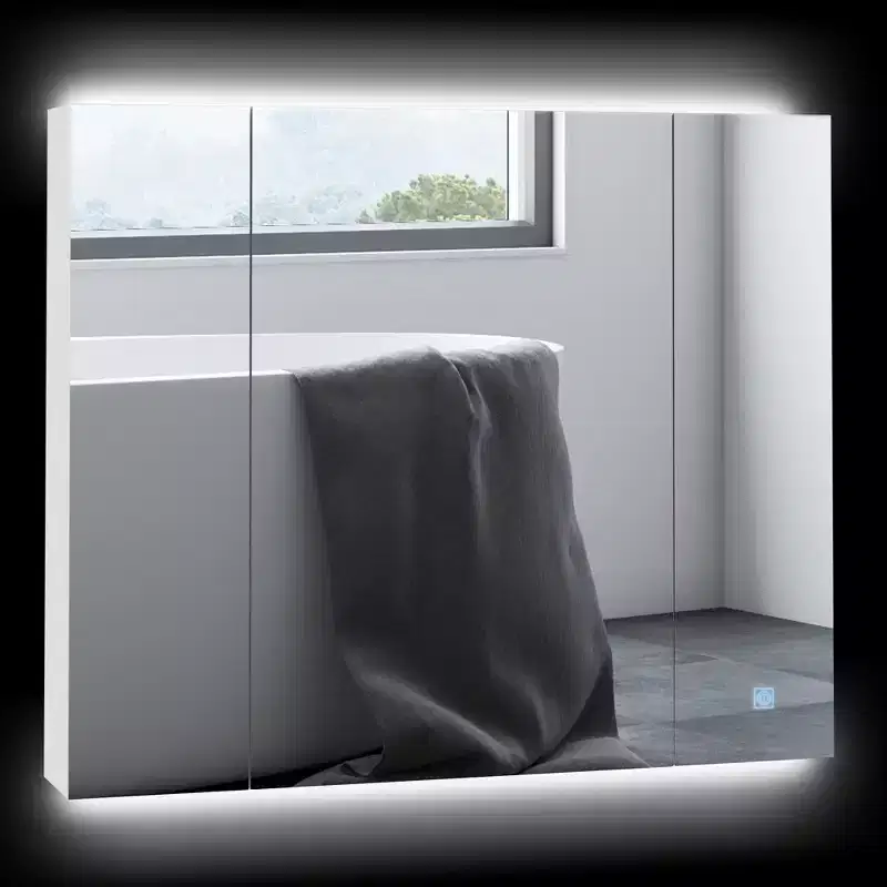 LED Medicine Cabinet, Wall-Mounted Bathroom Vanity Mirror Organizer with Dimmer Touch Switch, Three Doors, and USB Charged, White