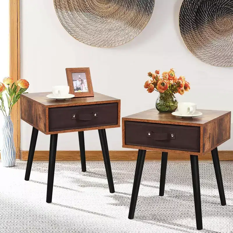 Costway Set of 2 Mid-Century Nightstand End Accent Bedside Table W/ Drawer Rustic White\Brown