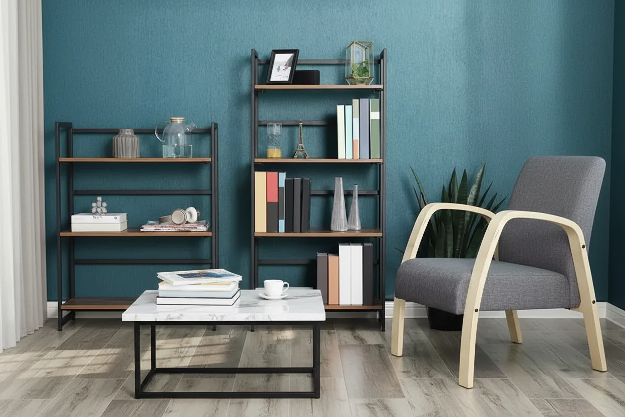 4-Tier Folding Ladder Bookshelf | Industrial Rustic Brown Metal Frame