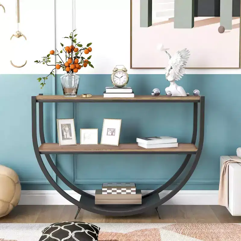 Industrial Demilune Console Table – 3-Tier Open Shelf Sofa Table for Entryway, Living Room & Office