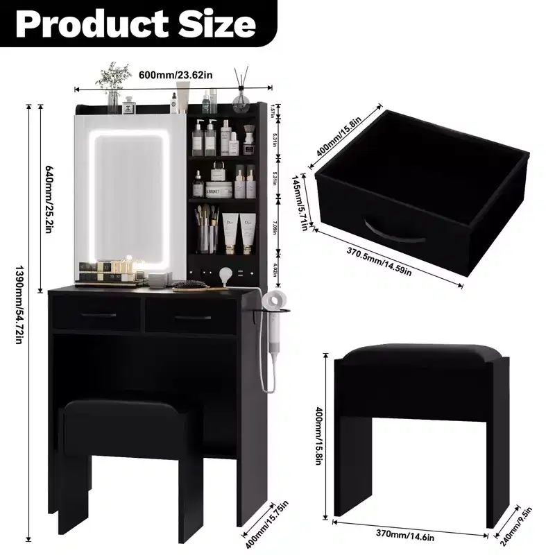 Makeup Vanity Desk with Lights, Mirror & Charging Station - Dressing Table with USB Ports, Stool, Drawers & Storage for Bedroom